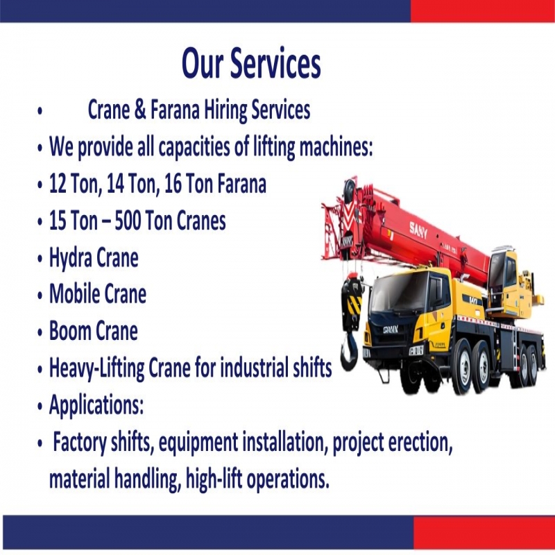 Crane Hiring Services (All Types) & Rigger, Fitter & Helper Manpower